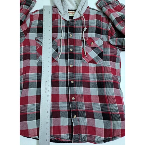 Wrangler Plaid Flannel Men's Medium Jacket Hooded Quilted Lining Shacket Red - Picture 8 of 9